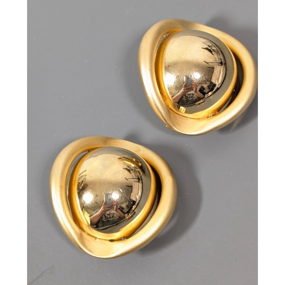 Vintage Gold Tone Bold Round Modernist Statement Clip On Earrings Atomic